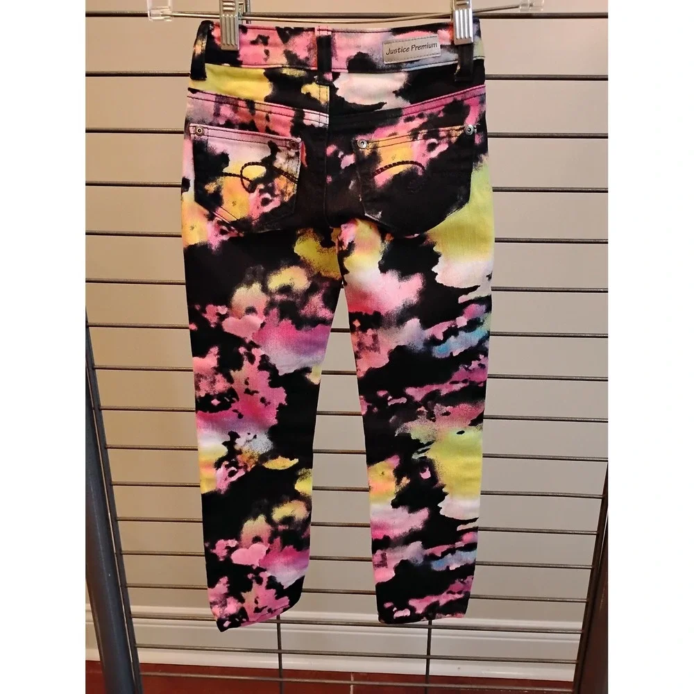 Justice Premium Girls Neon Tie Dye Simply Low Slim Jeans Size 6S Black Pink